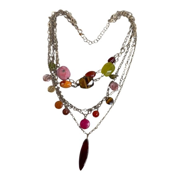 Multi Layered Sterling Silver Bib Necklace Tigers Eye + Colorful Gemstone Beads - Picture 8 of 9